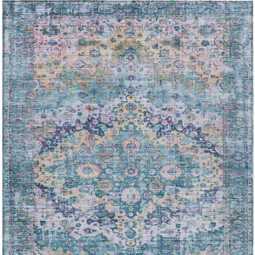 Denim Blue Beige And Pink Floral Washable Indoor Outdoor Area Rug Photo 9