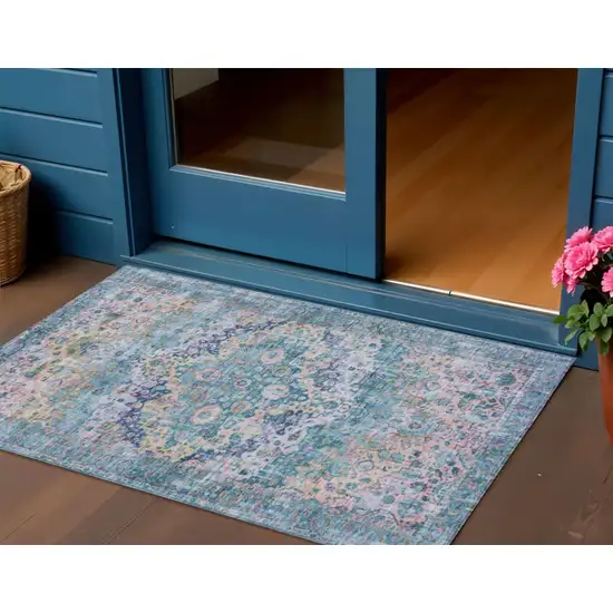 Denim Blue Beige And Pink Floral Washable Indoor Outdoor Area Rug Photo 2