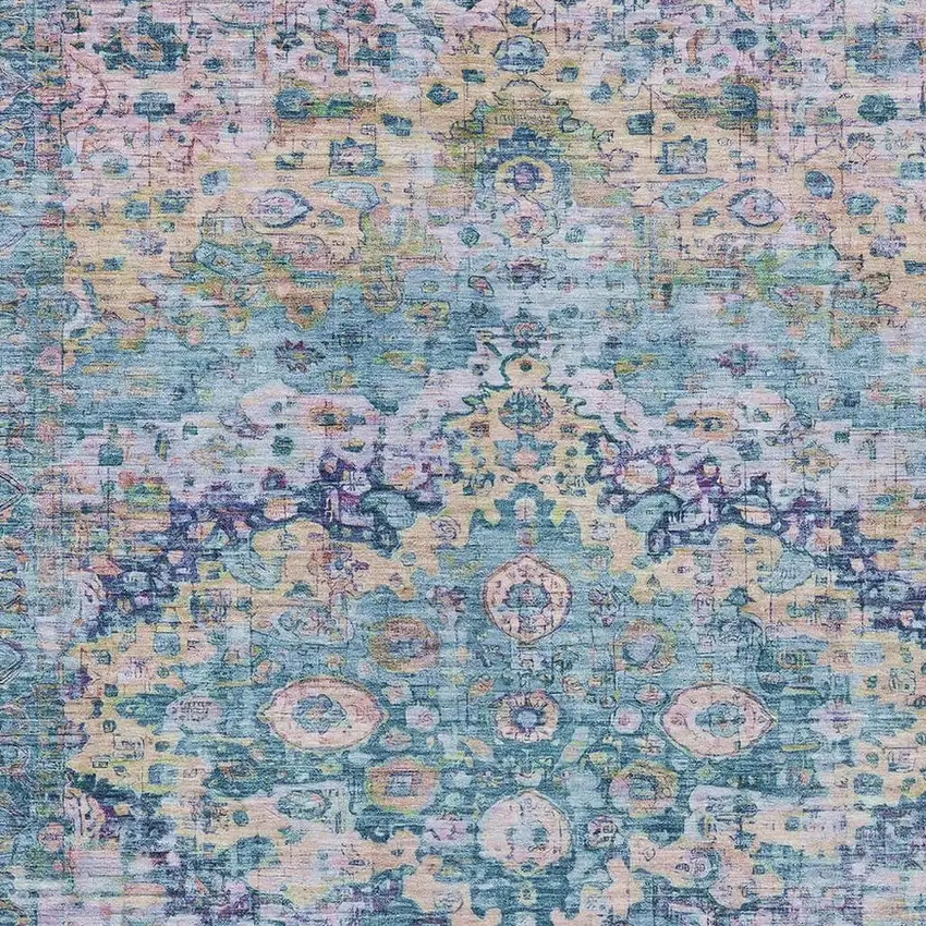 Denim Blue Beige And Pink Floral Washable Indoor Outdoor Area Rug Photo 3