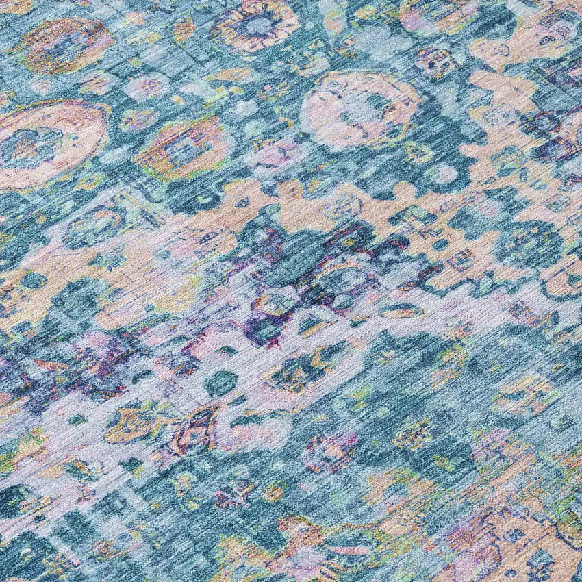 Denim Blue Beige And Pink Floral Washable Indoor Outdoor Area Rug Photo 7