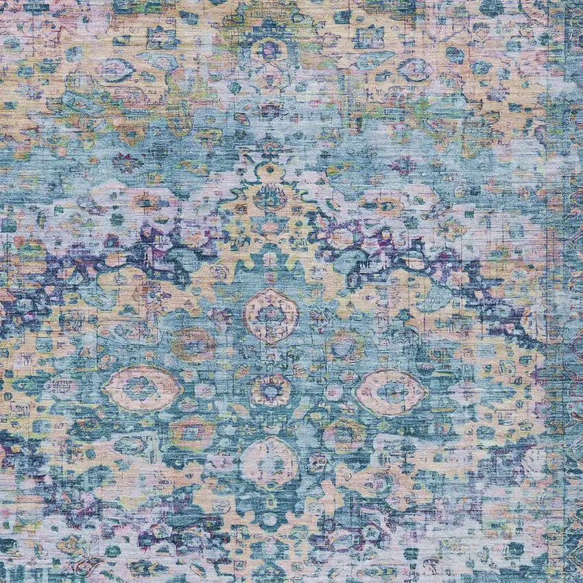 Denim Blue Beige And Pink Floral Washable Indoor Outdoor Area Rug Photo 8