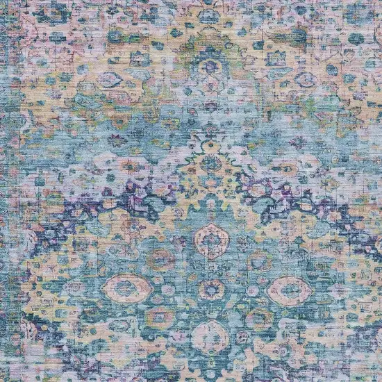 Denim Blue Beige And Pink Floral Washable Indoor Outdoor Area Rug Photo 4