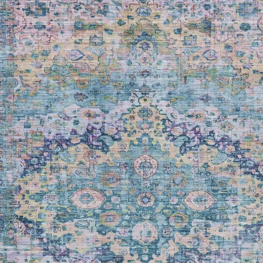 Denim Blue Beige And Pink Floral Washable Indoor Outdoor Area Rug Photo 4