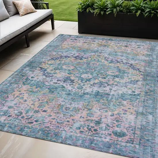 Denim Blue Beige And Pink Floral Washable Indoor Outdoor Area Rug Photo 2