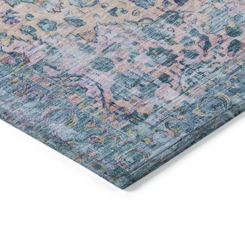 Denim Blue Beige And Pink Floral Washable Indoor Outdoor Area Rug Photo 9