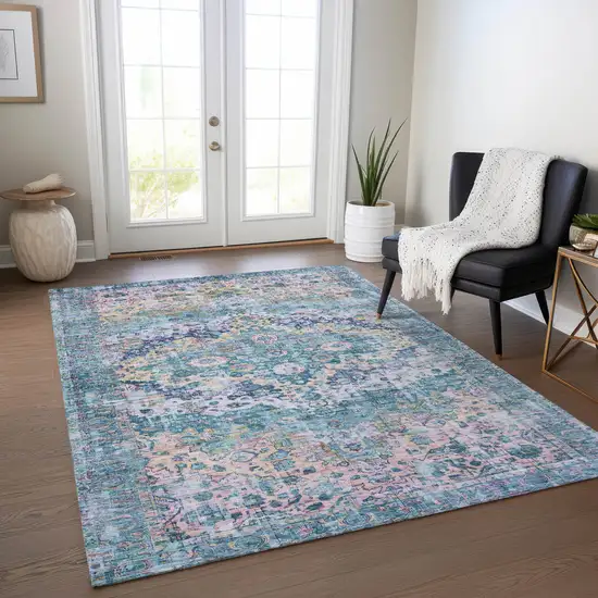 Denim Blue Beige And Pink Floral Washable Indoor Outdoor Area Rug Photo 6