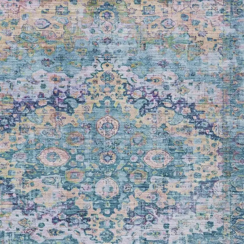 Denim Blue Beige And Pink Floral Washable Indoor Outdoor Area Rug Photo 4