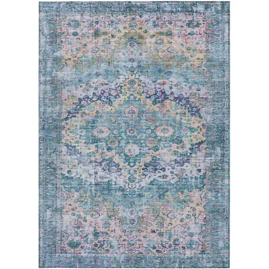 Denim Blue Beige And Pink Floral Washable Indoor Outdoor Area Rug Photo 3