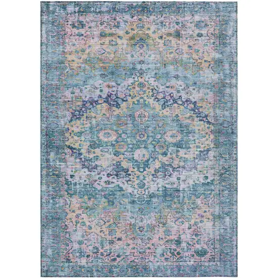 Denim Blue Beige And Pink Floral Washable Indoor Outdoor Area Rug Photo 1