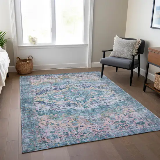 Denim Blue Beige And Pink Floral Washable Indoor Outdoor Area Rug Photo 6