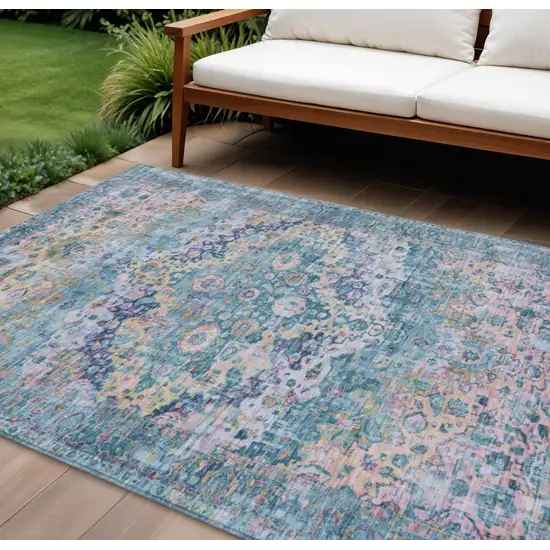 Denim Blue Beige And Pink Floral Washable Indoor Outdoor Area Rug Photo 2