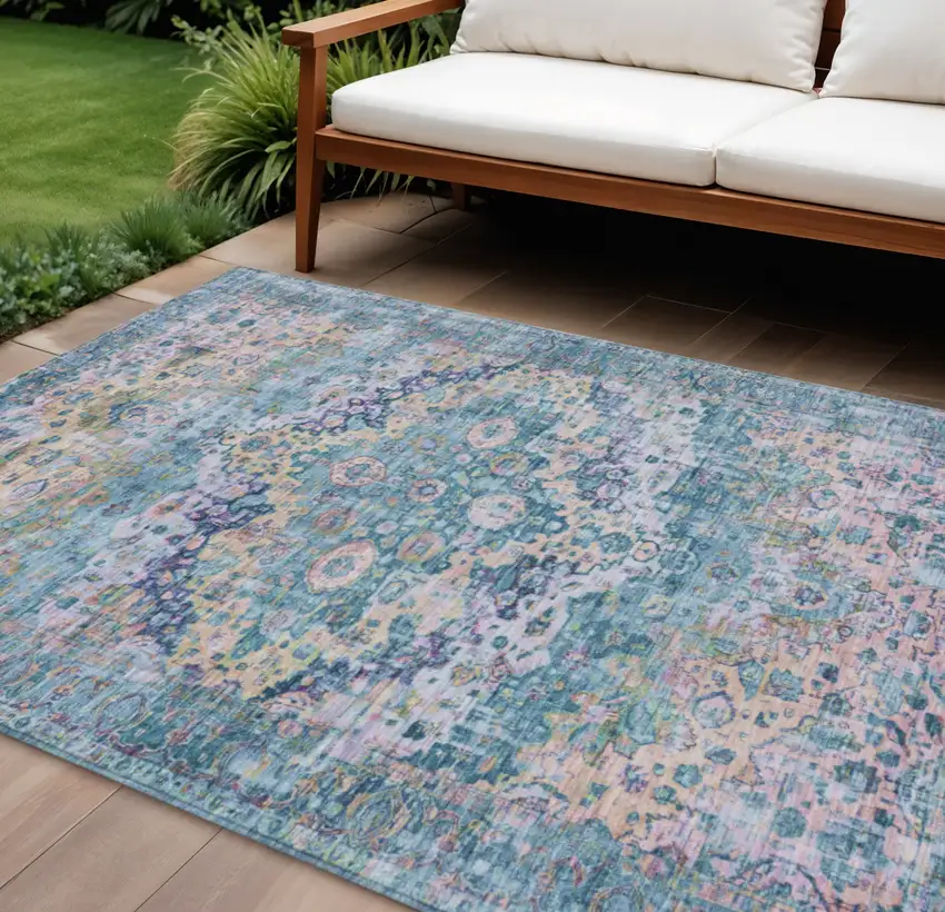 Denim Blue Beige And Pink Floral Washable Indoor Outdoor Area Rug Photo 2