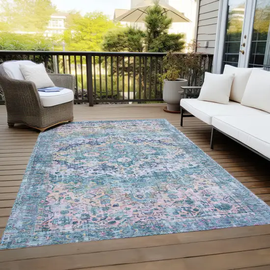 Denim Blue Beige And Pink Floral Washable Indoor Outdoor Area Rug Photo 7