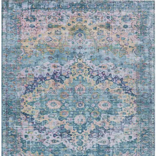 Denim Blue Beige And Pink Floral Washable Indoor Outdoor Area Rug Photo 8