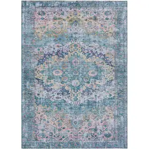 Photo of Denim Blue Beige And Pink Floral Washable Indoor Outdoor Area Rug