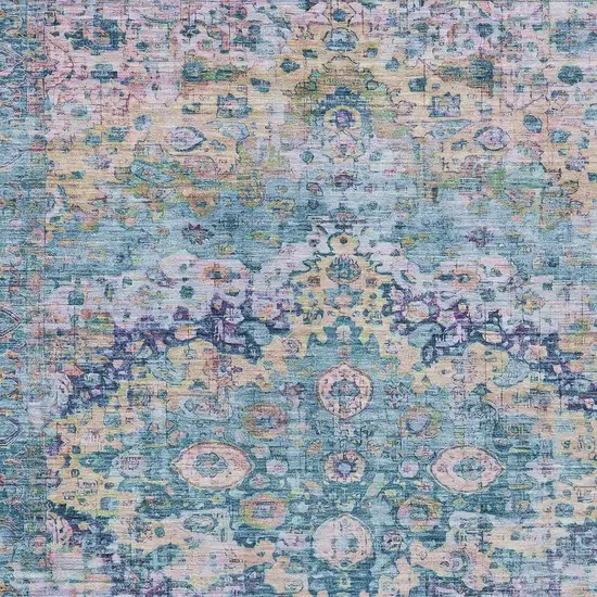 Denim Blue Beige And Pink Floral Washable Indoor Outdoor Area Rug Photo 4