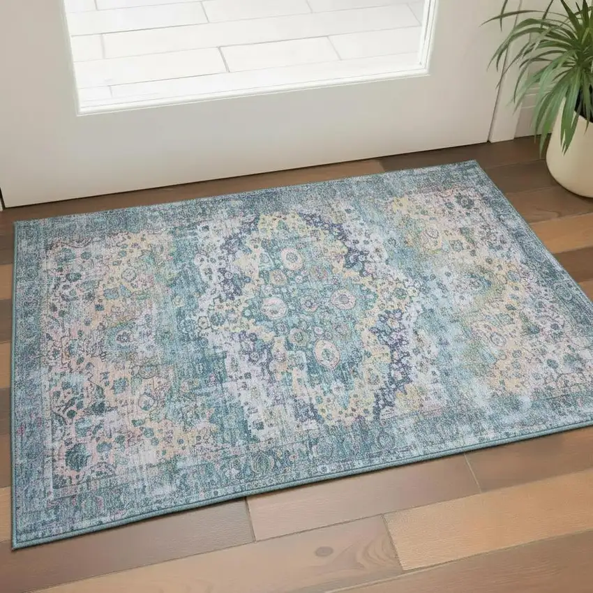 Denim Blue Beige And Wheat Oriental Washable Area Rug With UV Protection Photo 2