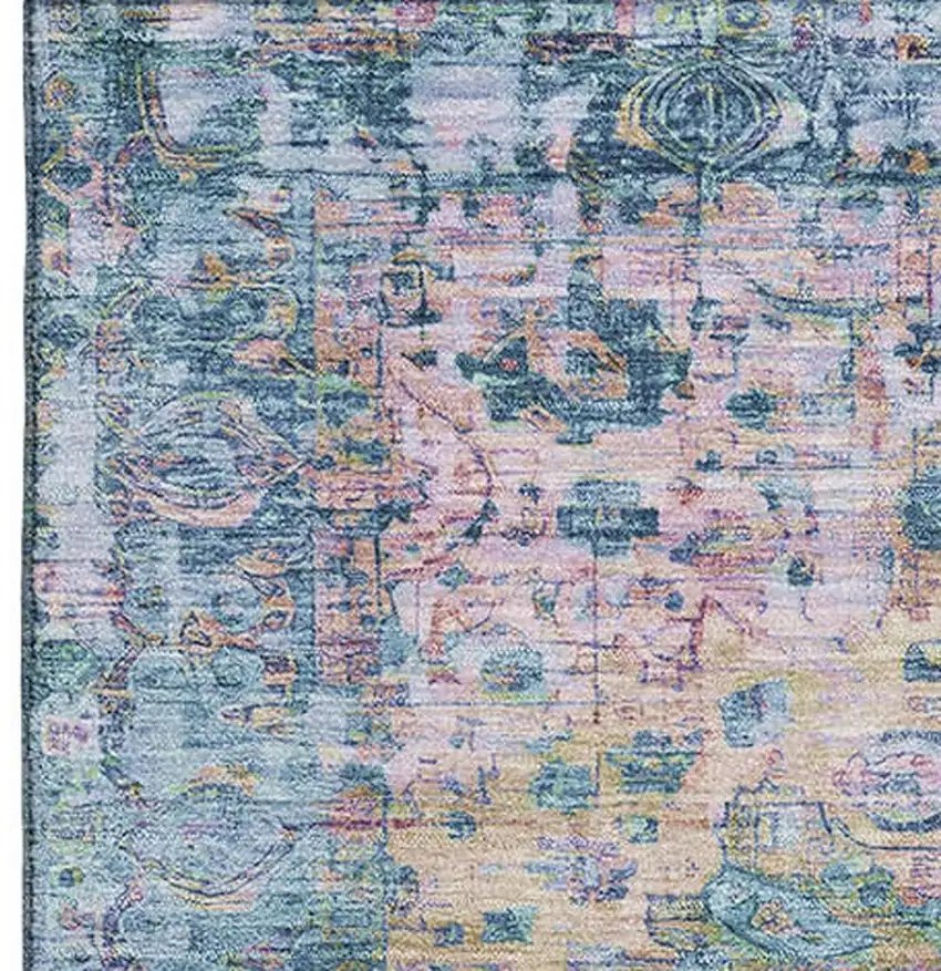 Denim Blue Beige And Wheat Oriental Washable Area Rug With UV Protection Photo 3