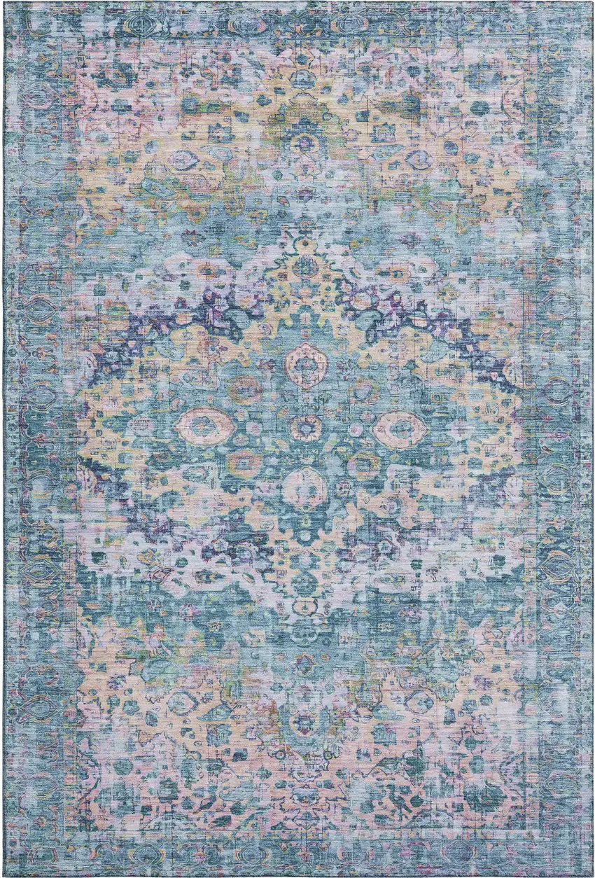 Denim Blue Beige And Wheat Oriental Washable Area Rug With UV Protection Photo 1