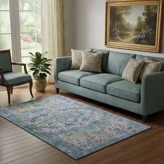 Denim Blue Beige And Wheat Oriental Washable Area Rug With UV Protection Photo 2