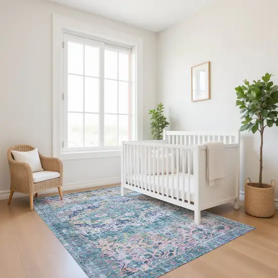 Denim Blue Beige And Wheat Oriental Washable Area Rug With UV Protection Photo 5