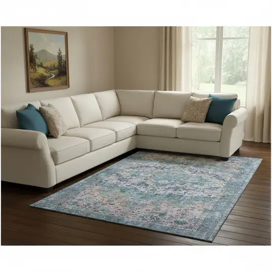 Denim Blue Beige And Wheat Oriental Washable Area Rug With UV Protection Photo 2