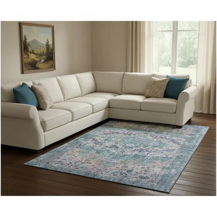 Denim Blue Beige And Wheat Oriental Washable Area Rug With UV Protection Photo 2