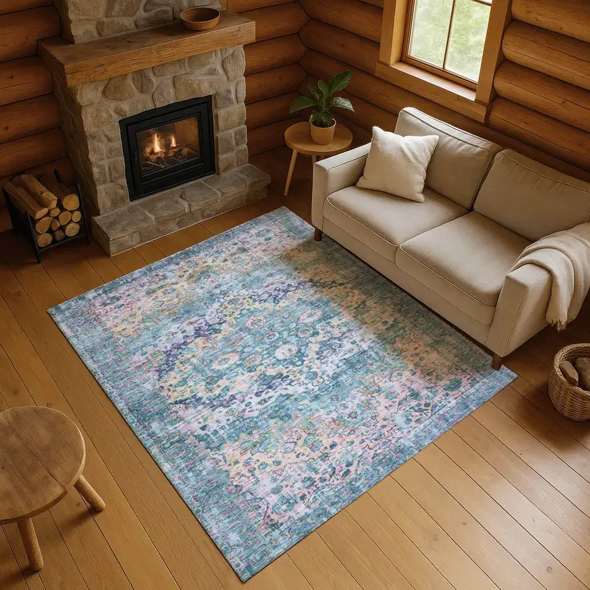 Denim Blue Beige And Wheat Oriental Washable Area Rug With UV Protection Photo 4