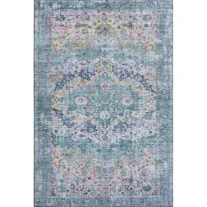Photo of Denim Blue Beige And Wheat Oriental Washable Area Rug With UV Protection