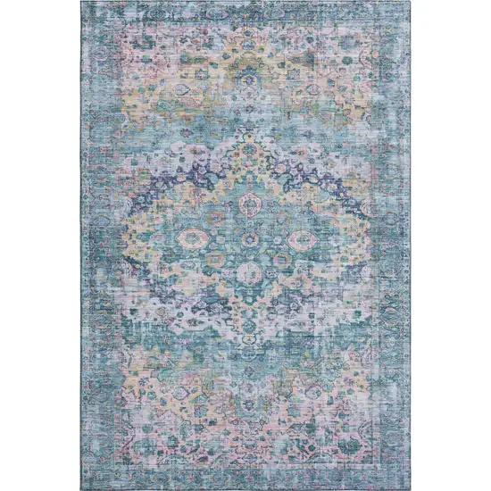 Denim Blue Beige And Wheat Oriental Washable Area Rug With UV Protection Photo 1