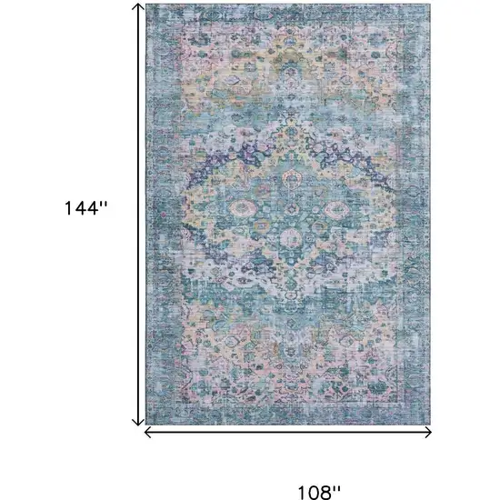 Denim Blue Beige And Wheat Oriental Washable Area Rug With UV Protection Photo 9