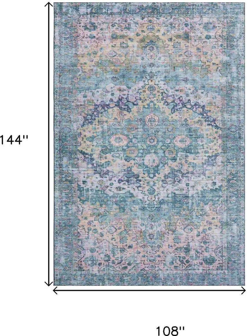 Denim Blue Beige And Wheat Oriental Washable Area Rug With UV Protection Photo 9