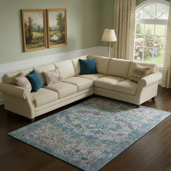 Denim Blue Beige And Wheat Oriental Washable Area Rug With UV Protection Photo 2