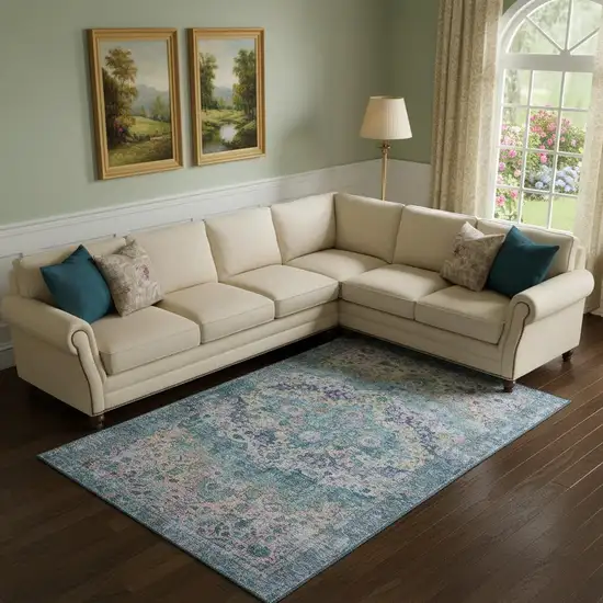 Denim Blue Beige And Wheat Oriental Washable Area Rug With UV Protection Photo 2