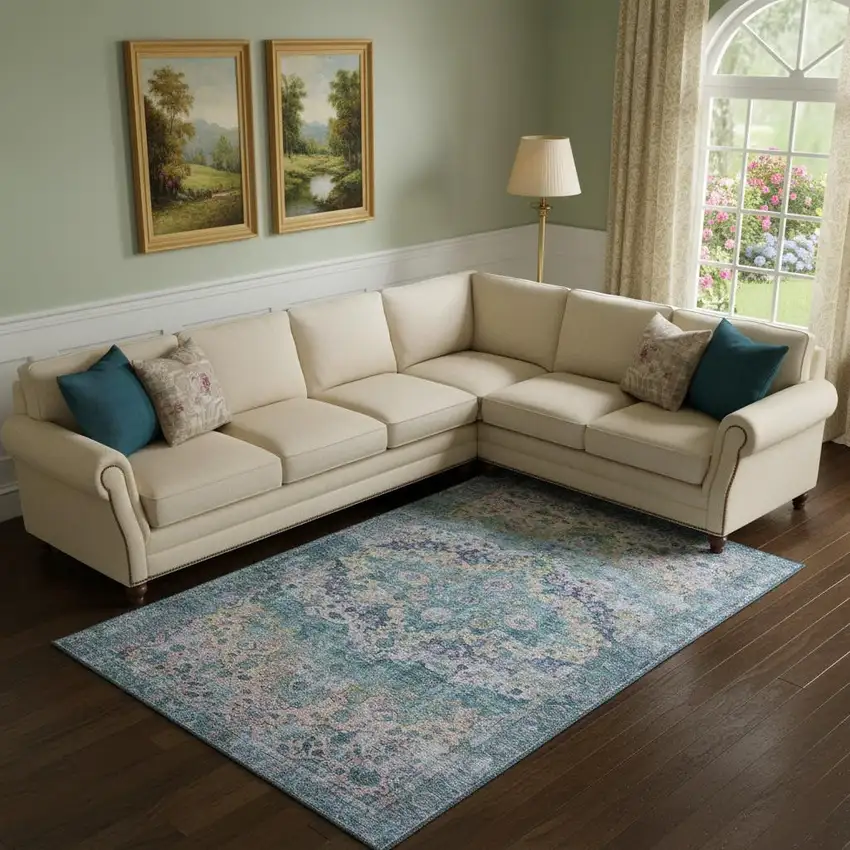 Denim Blue Beige And Wheat Oriental Washable Area Rug With UV Protection Photo 2