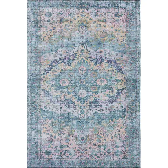 Denim Blue Beige And Wheat Oriental Washable Area Rug With UV Protection Photo 3