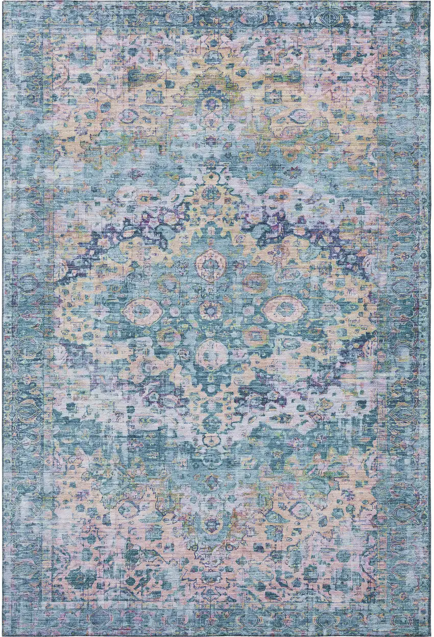 Denim Blue Beige And Wheat Oriental Washable Area Rug With UV Protection Photo 3