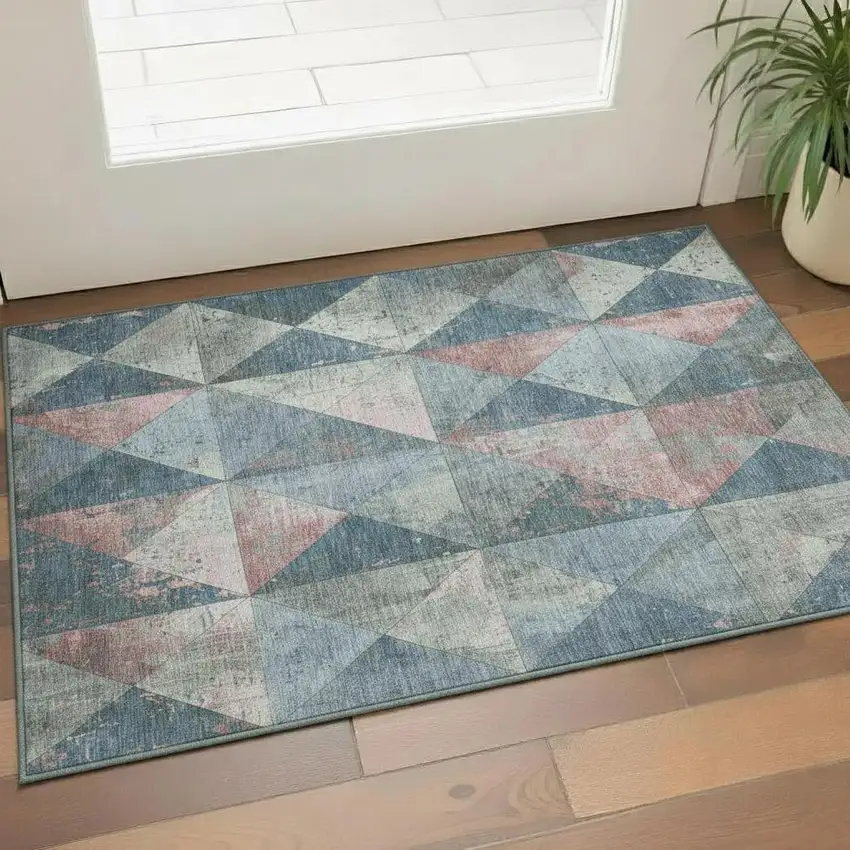 Denim Blue Blush And Ivory Geometric Washable Area Rug With UV Protection Photo 2