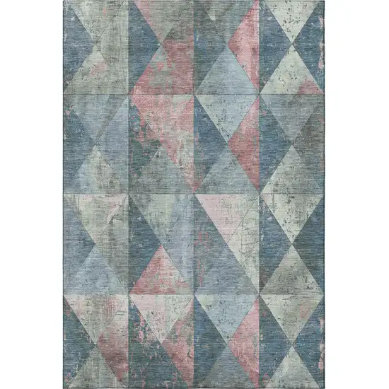 Denim Blue Blush And Ivory Geometric Washable Area Rug With UV Protection Photo 3