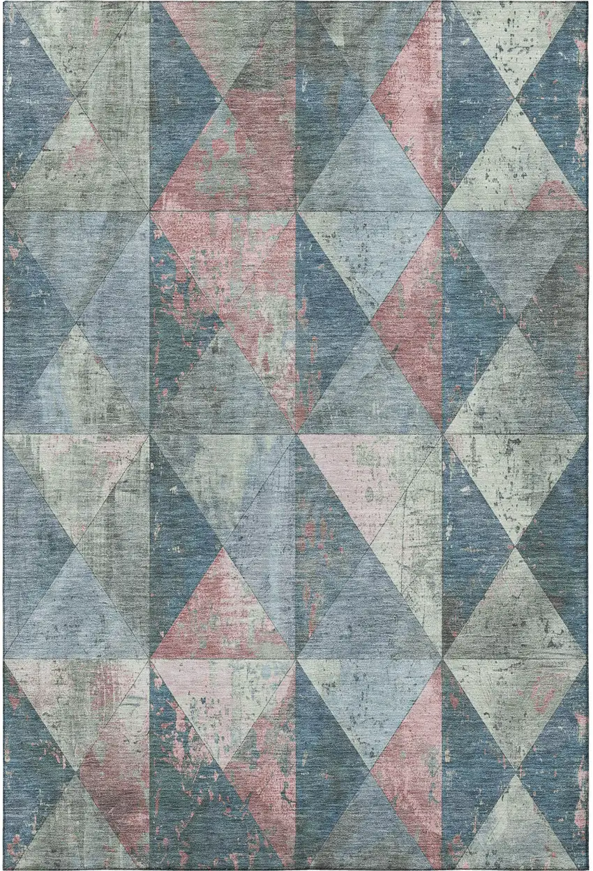 Denim Blue Blush And Ivory Geometric Washable Area Rug With UV Protection Photo 3
