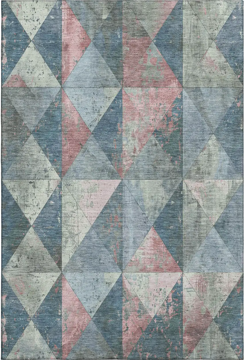 Denim Blue Blush And Ivory Geometric Washable Area Rug With UV Protection Photo 1