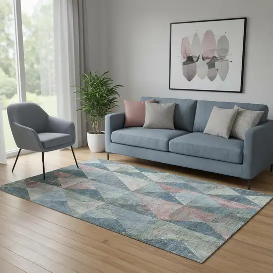 Denim Blue Blush And Ivory Geometric Washable Area Rug With UV Protection Photo 2