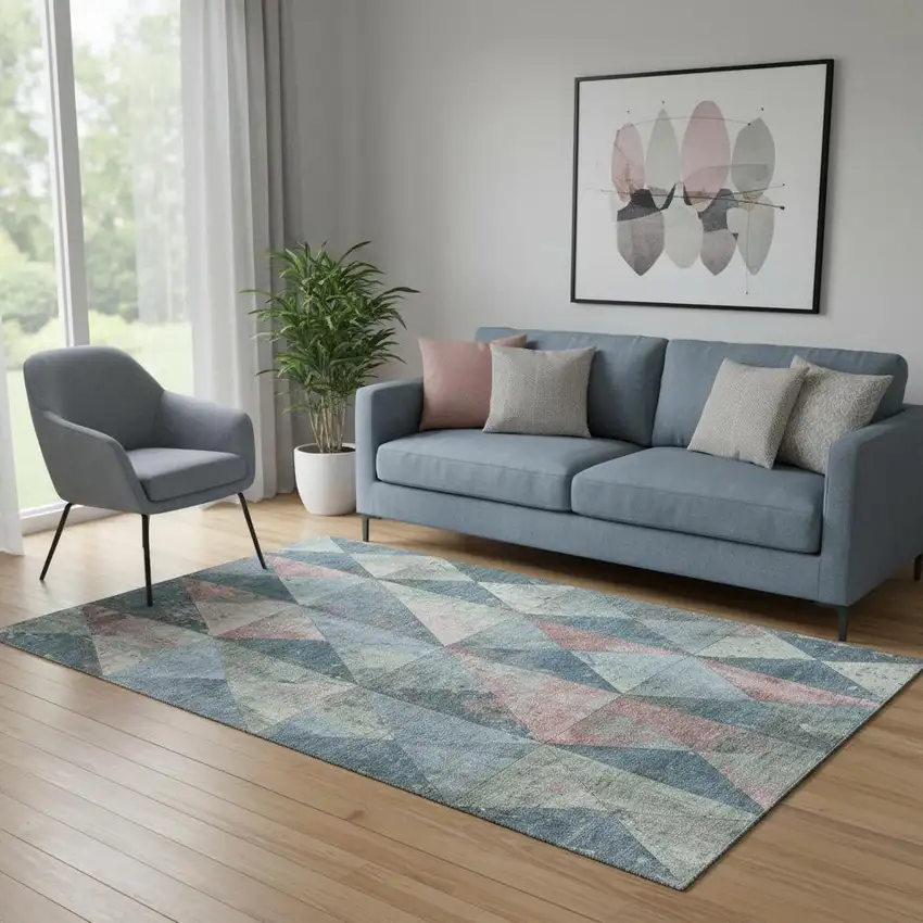 Denim Blue Blush And Ivory Geometric Washable Area Rug With UV Protection Photo 2