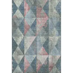Photo of Denim Blue Blush And Ivory Geometric Washable Area Rug With UV Protection