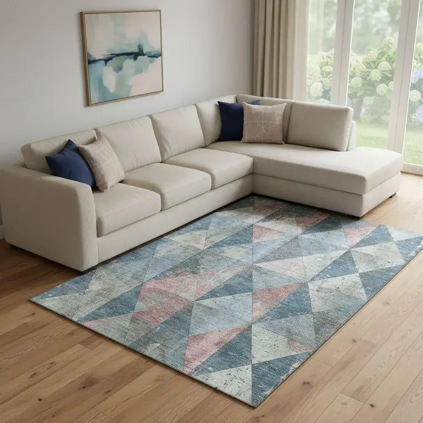 Denim Blue Blush And Ivory Geometric Washable Area Rug With UV Protection Photo 2