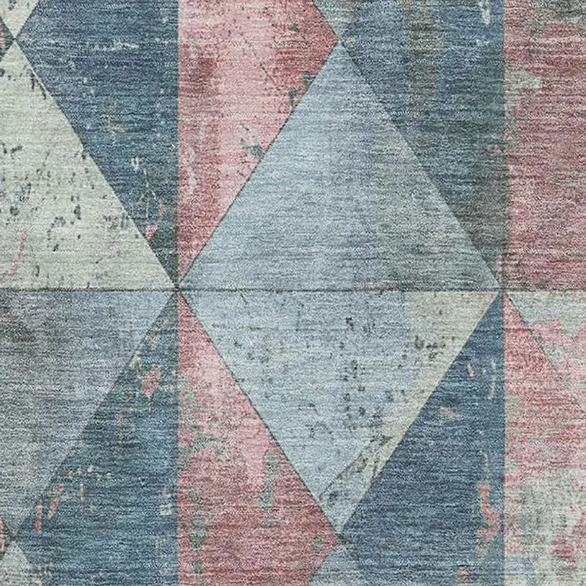 Denim Blue Blush And Ivory Geometric Washable Area Rug With UV Protection Photo 2