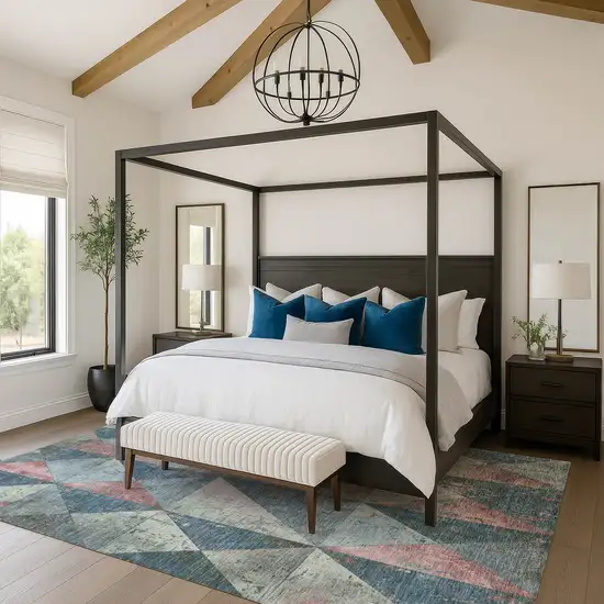 Denim Blue Blush And Ivory Geometric Washable Area Rug With UV Protection Photo 4