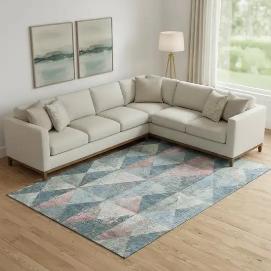 Denim Blue Blush And Ivory Geometric Washable Area Rug With UV Protection Photo 2