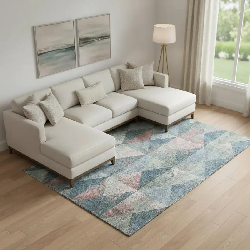 Denim Blue Blush And Ivory Geometric Washable Area Rug With UV Protection Photo 2