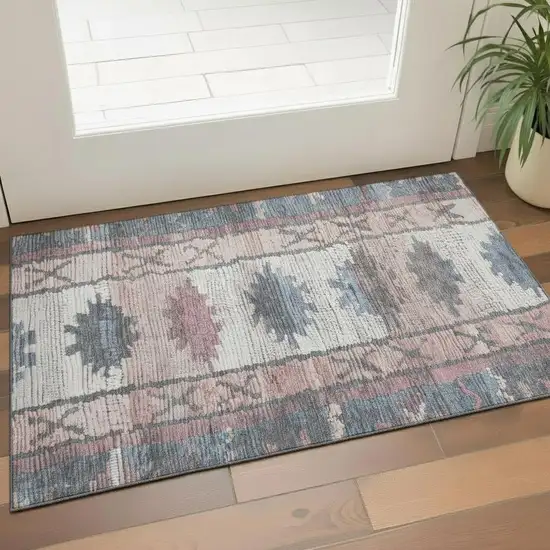 Denim Blue Blush And Ivory Tribal Washable Area Rug With UV Protection Photo 2